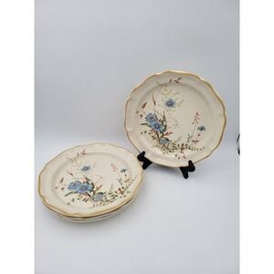 Set of 4 Mikasa Stoneware Dinner Plates Blue Daisies Pattern #EB 804 Japan Vtg